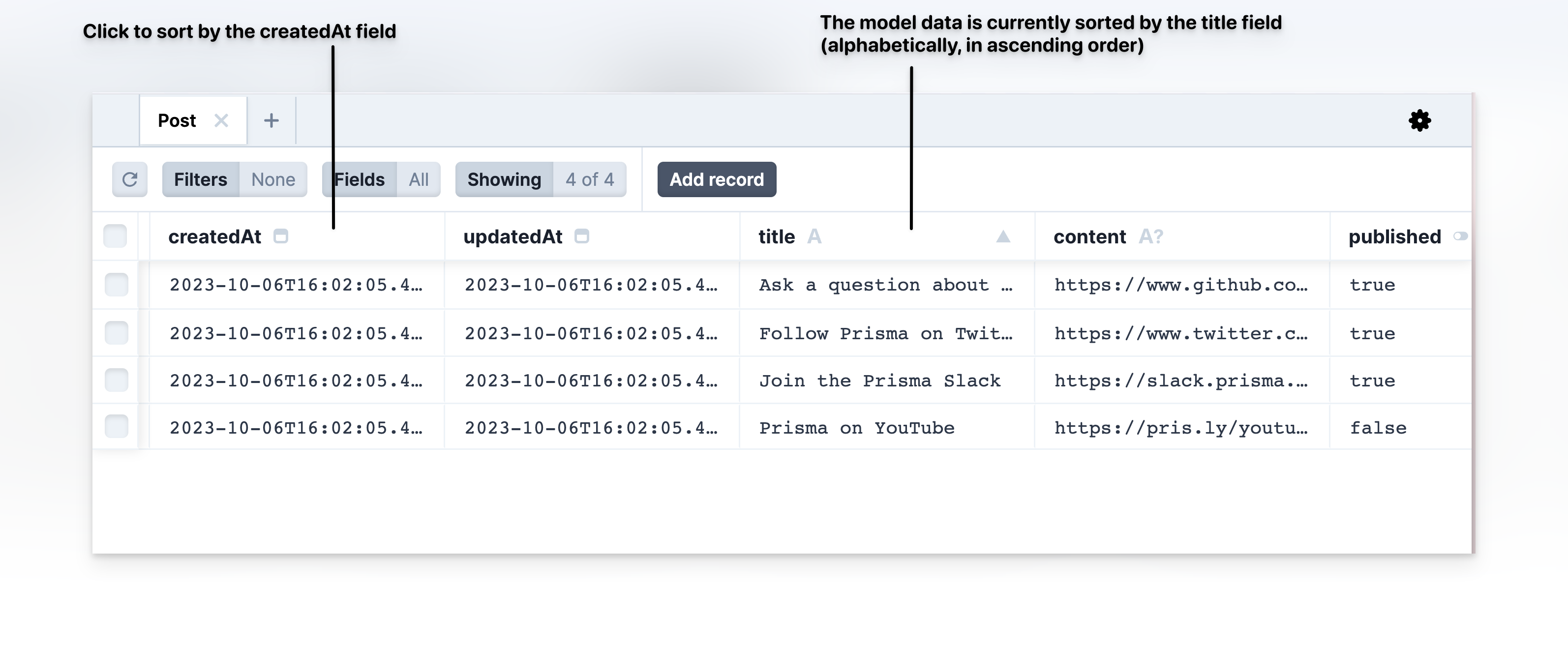 Prisma Studio - Sort data