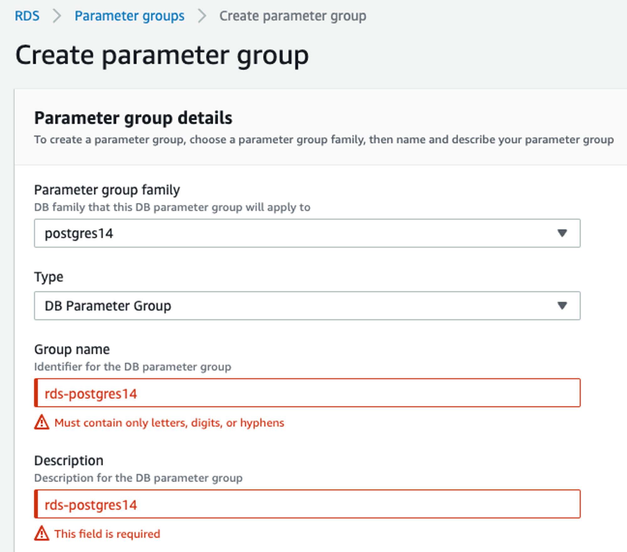 Create a parameter group in AWS RDS